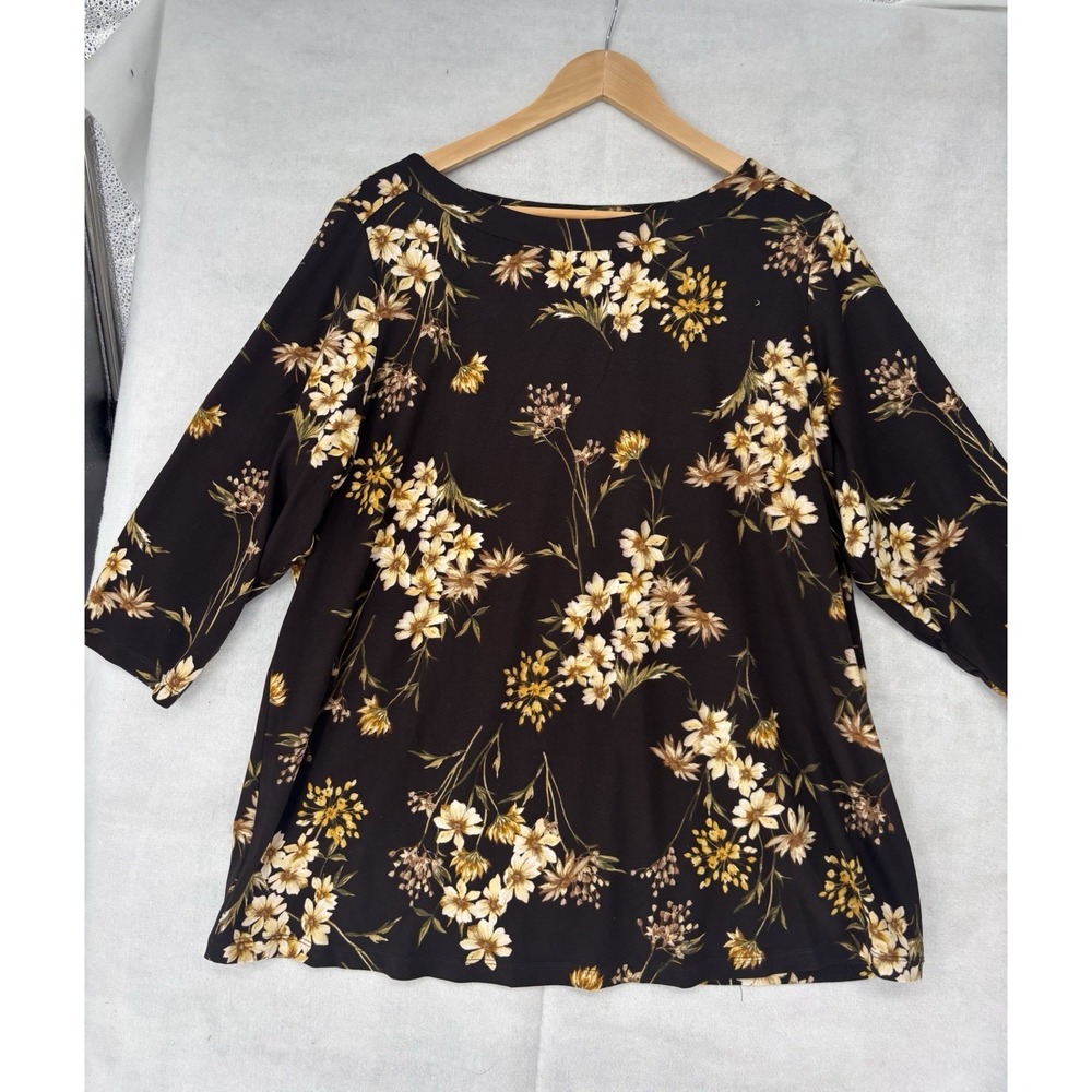 Susan Graver Brushed Liquid Knit Floral Boat Neck Top Shirt Women 1X Choc Brown